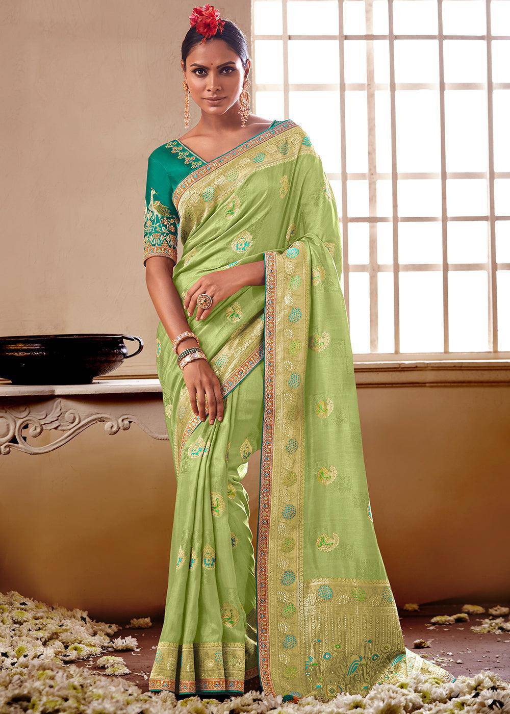 Light Green Woven Dola Silk Saree with Contrast Embroidered Border | Stitched Blouse - qivii