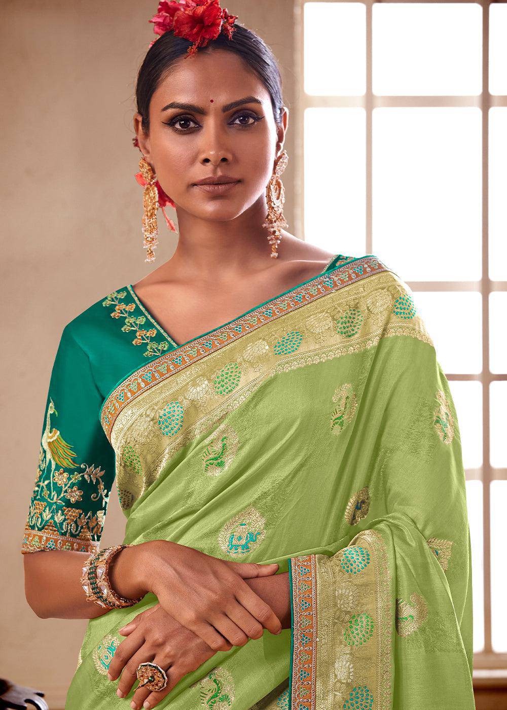 Light Green Woven Dola Silk Saree with Contrast Embroidered Border | Stitched Blouse - qivii