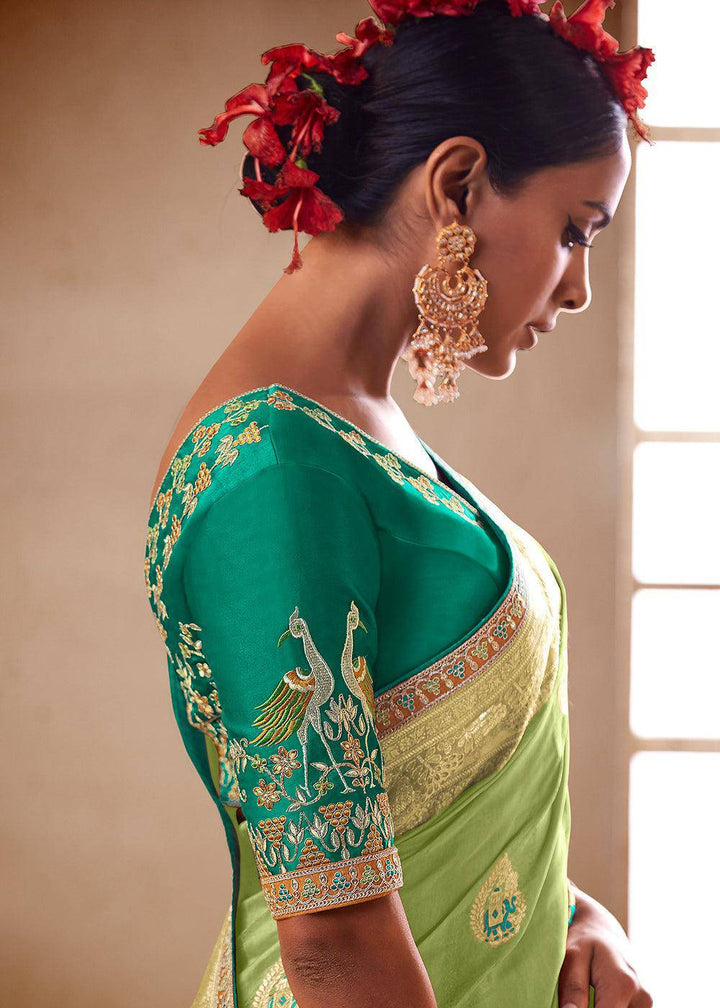 Light Green Woven Dola Silk Saree with Contrast Embroidered Border | Stitched Blouse - qivii