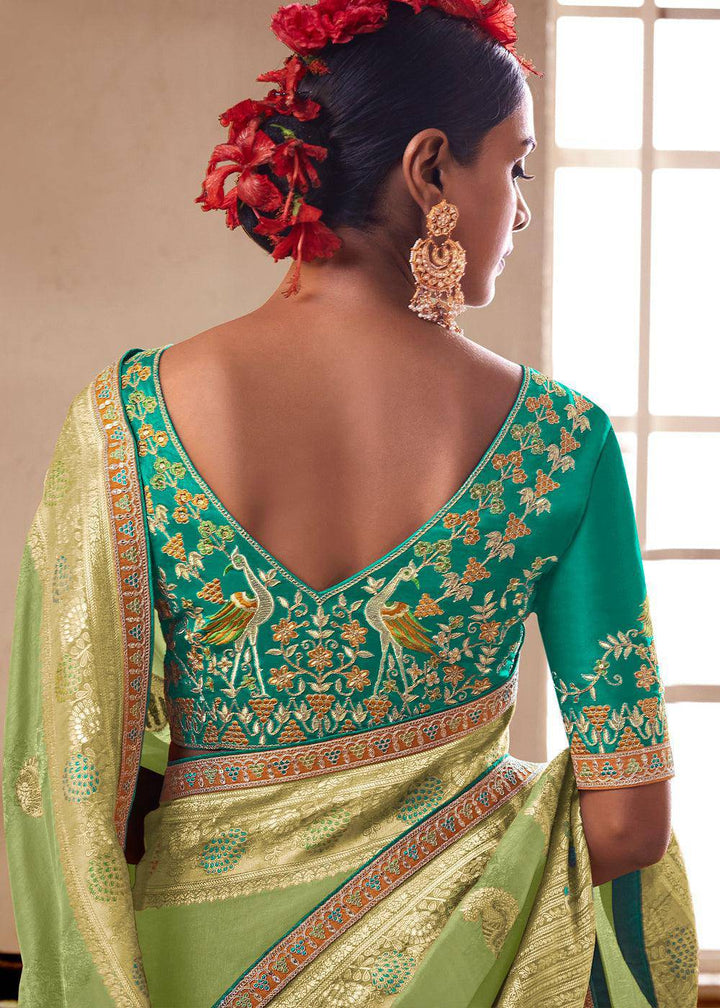 Light Green Woven Dola Silk Saree with Contrast Embroidered Border | Stitched Blouse - qivii