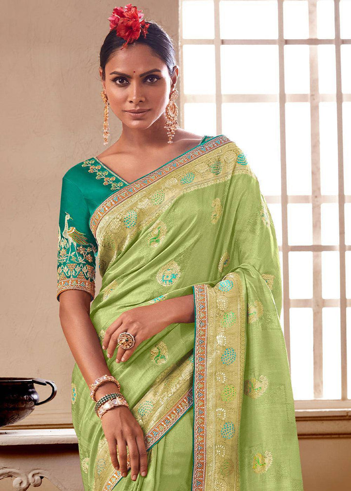 Light Green Woven Dola Silk Saree with Contrast Embroidered Border | Stitched Blouse - qivii