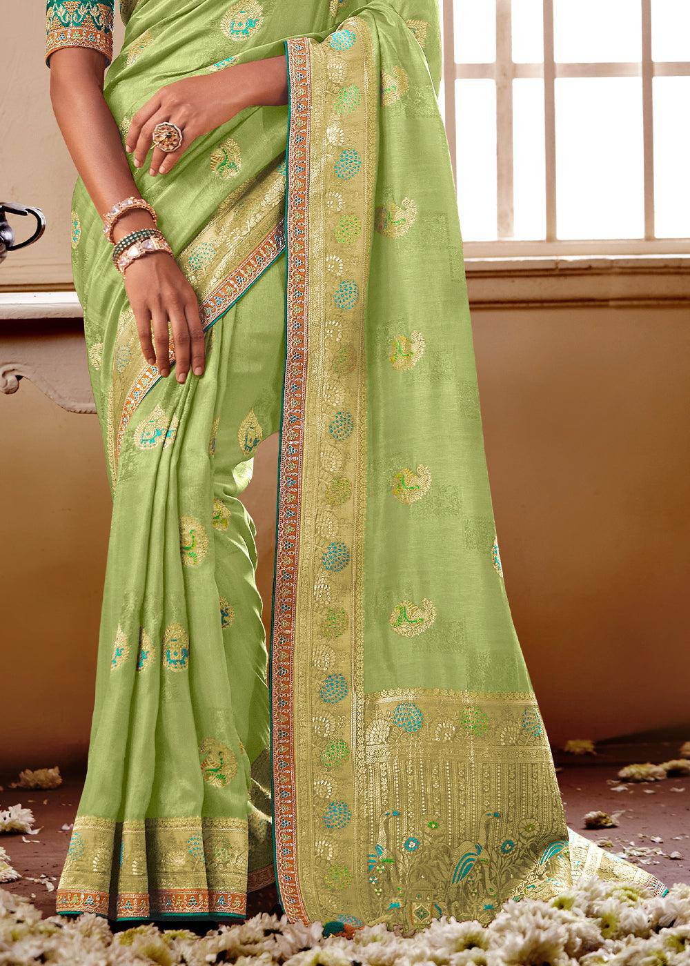 Light Green Woven Dola Silk Saree with Contrast Embroidered Border | Stitched Blouse - qivii