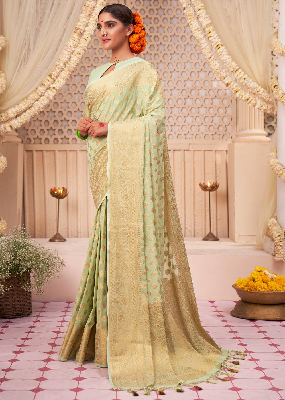 Light Green Woven Georgette Saree - qivii