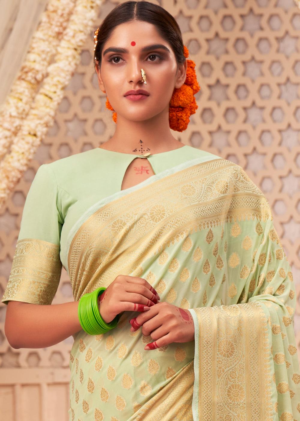 Light Green Woven Georgette Saree - qivii