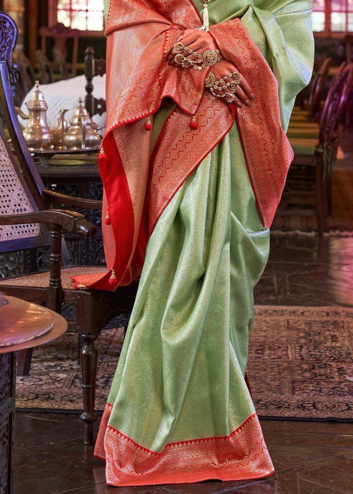 Light Green Woven Kanjivaram Silk Saree | Stitched Blouse - qivii