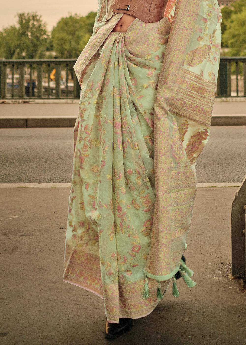 Light Green Woven Kashmiri Organza Silk Saree | Stitched Blouse - qivii