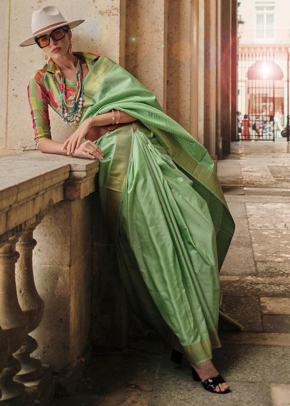 Light Green Zari Handloom Woven Soft Silk Saree - qivii