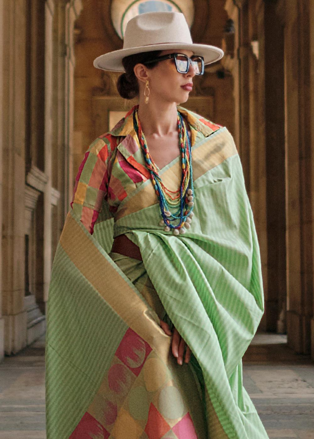 Light Green Zari Handloom Woven Soft Silk Saree - qivii