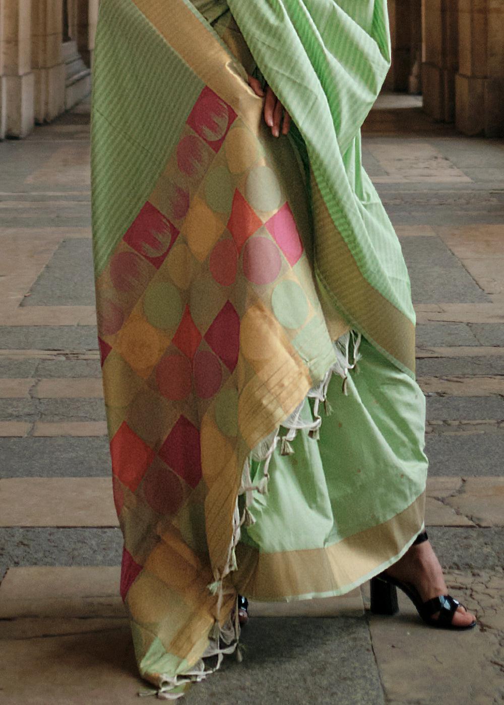 Light Green Zari Handloom Woven Soft Silk Saree - qivii