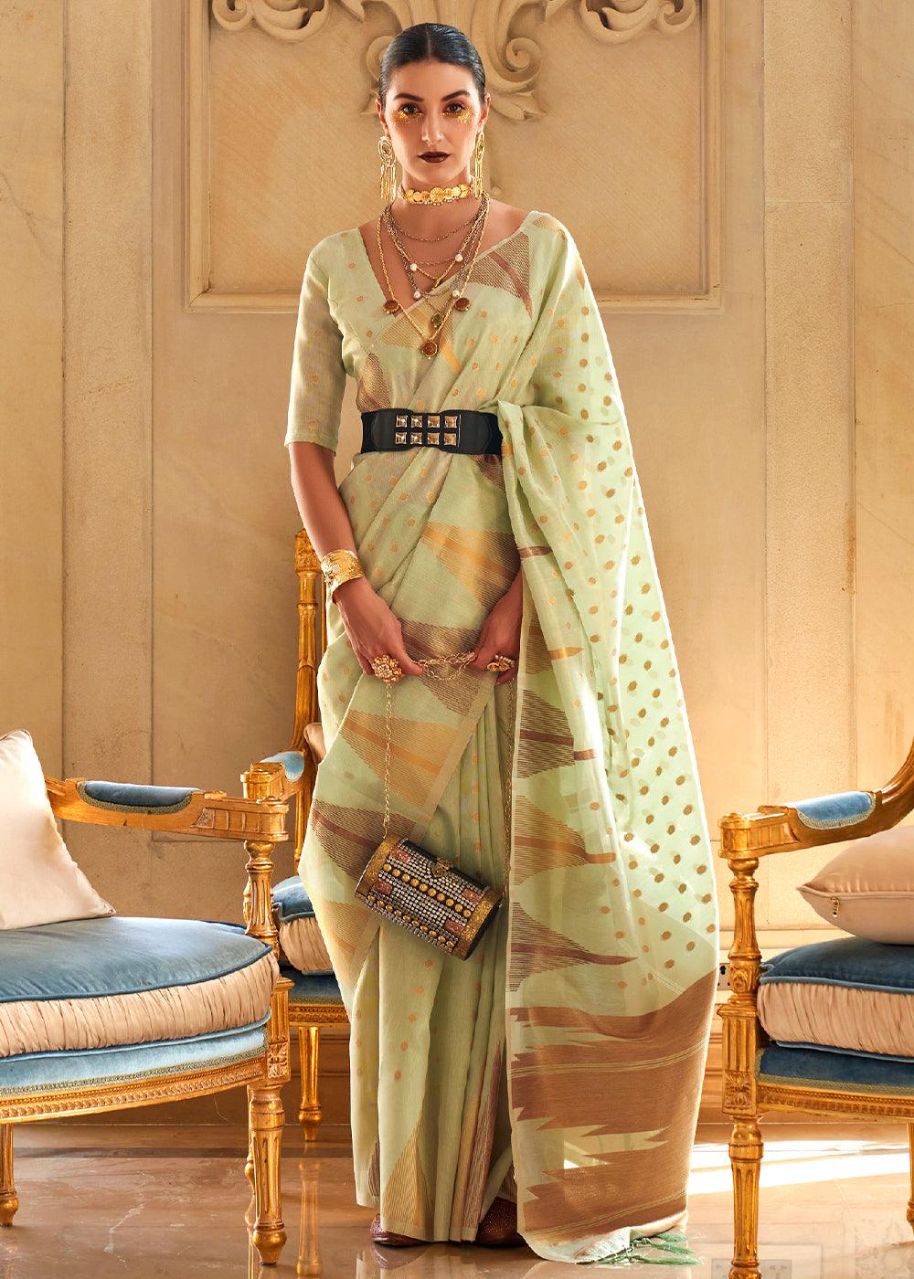 Light Green Zari Handloom Woven Tissue Silk Saree - qivii