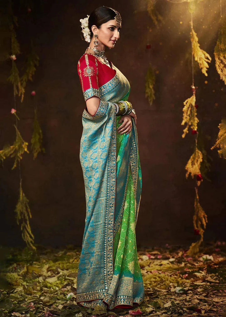 Light Green Zari Weaving Georgette Silk Saree with Embroidery Designer Blouse | Stitched Blouse - qivii