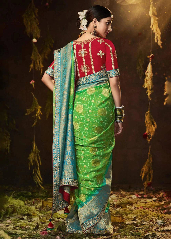 Light Green Zari Weaving Georgette Silk Saree with Embroidery Designer Blouse | Stitched Blouse - qivii