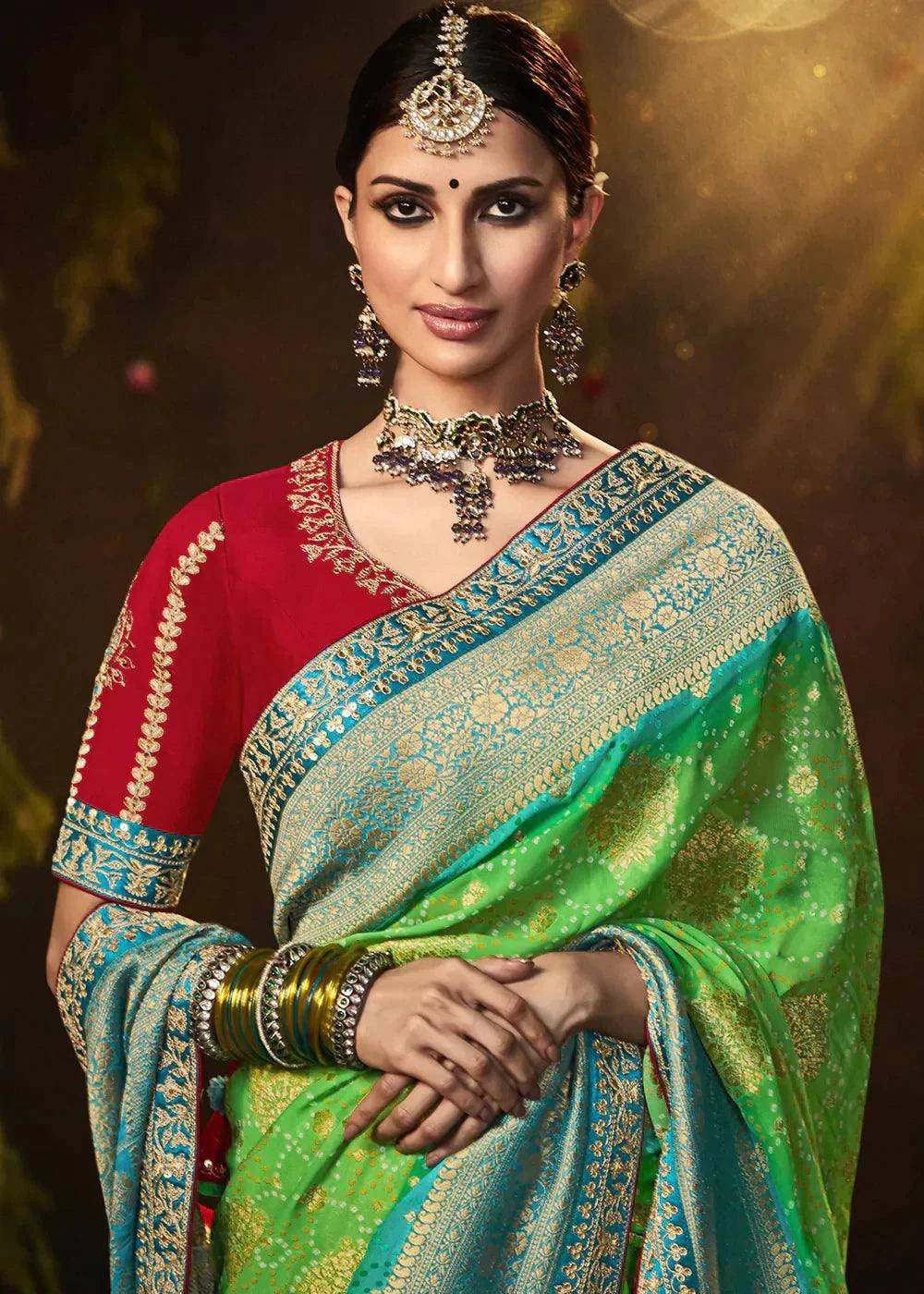 Light Green Zari Weaving Georgette Silk Saree with Embroidery Designer Blouse | Stitched Blouse - qivii