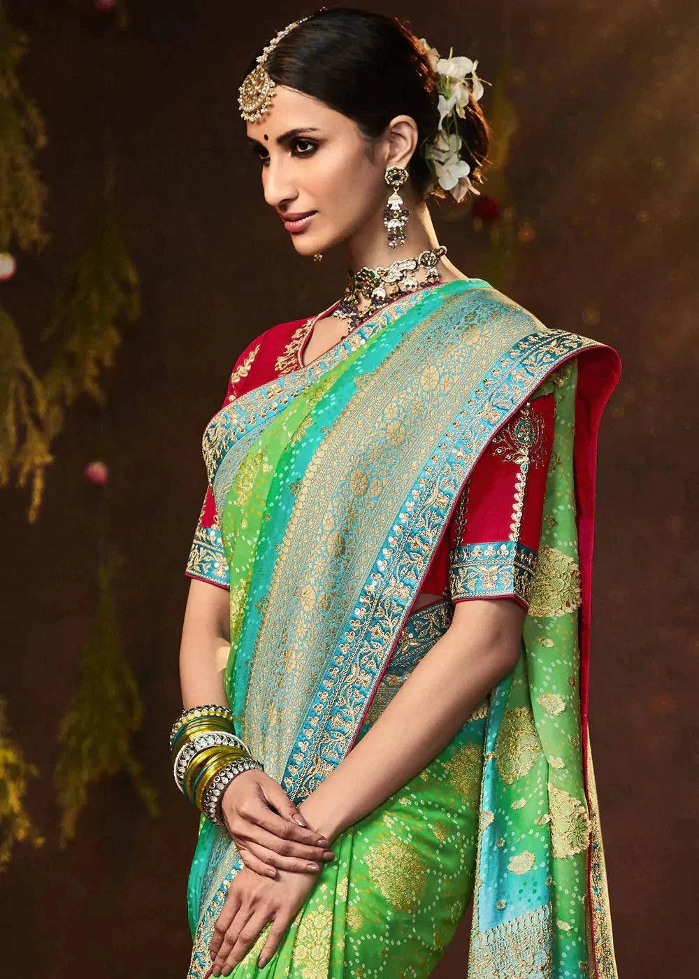 Light Green Zari Weaving Georgette Silk Saree with Embroidery Designer Blouse | Stitched Blouse - qivii