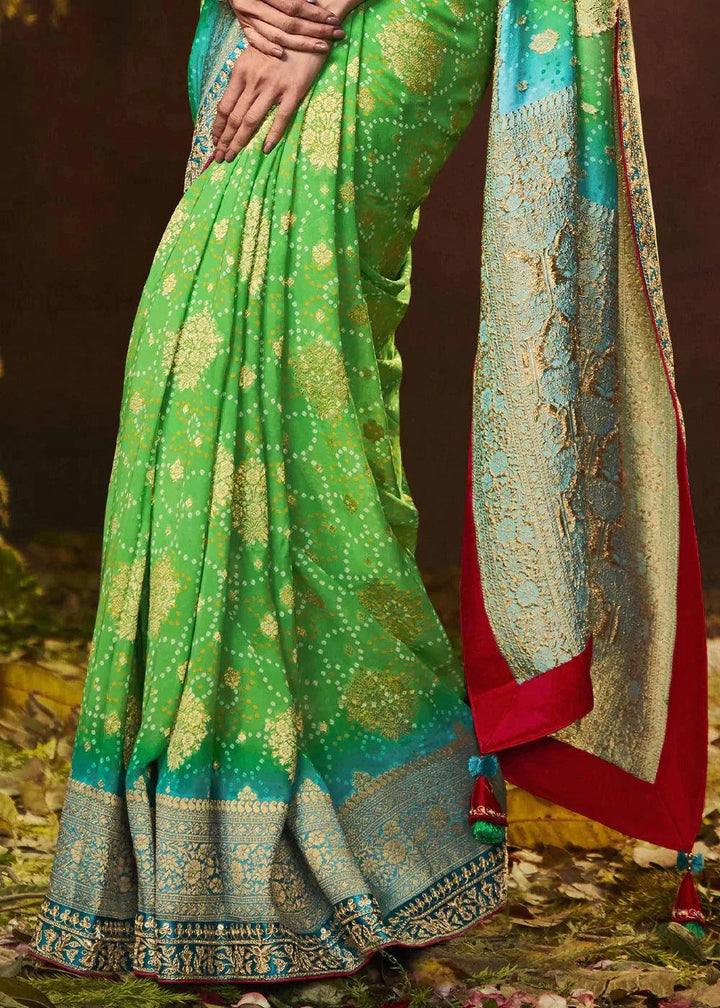 Light Green Zari Weaving Georgette Silk Saree with Embroidery Designer Blouse | Stitched Blouse - qivii