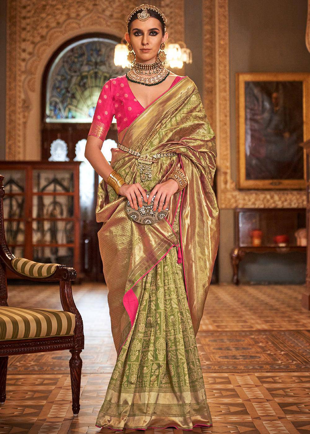 Light Green Zari Woven Banarasi Silk Saree | Stitched Blouse - qivii