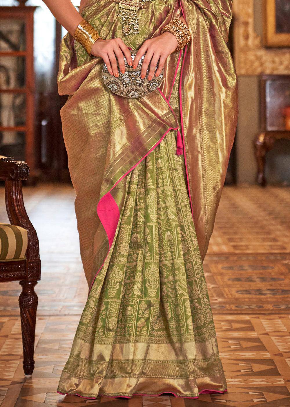 Light Green Zari Woven Banarasi Silk Saree | Stitched Blouse - qivii