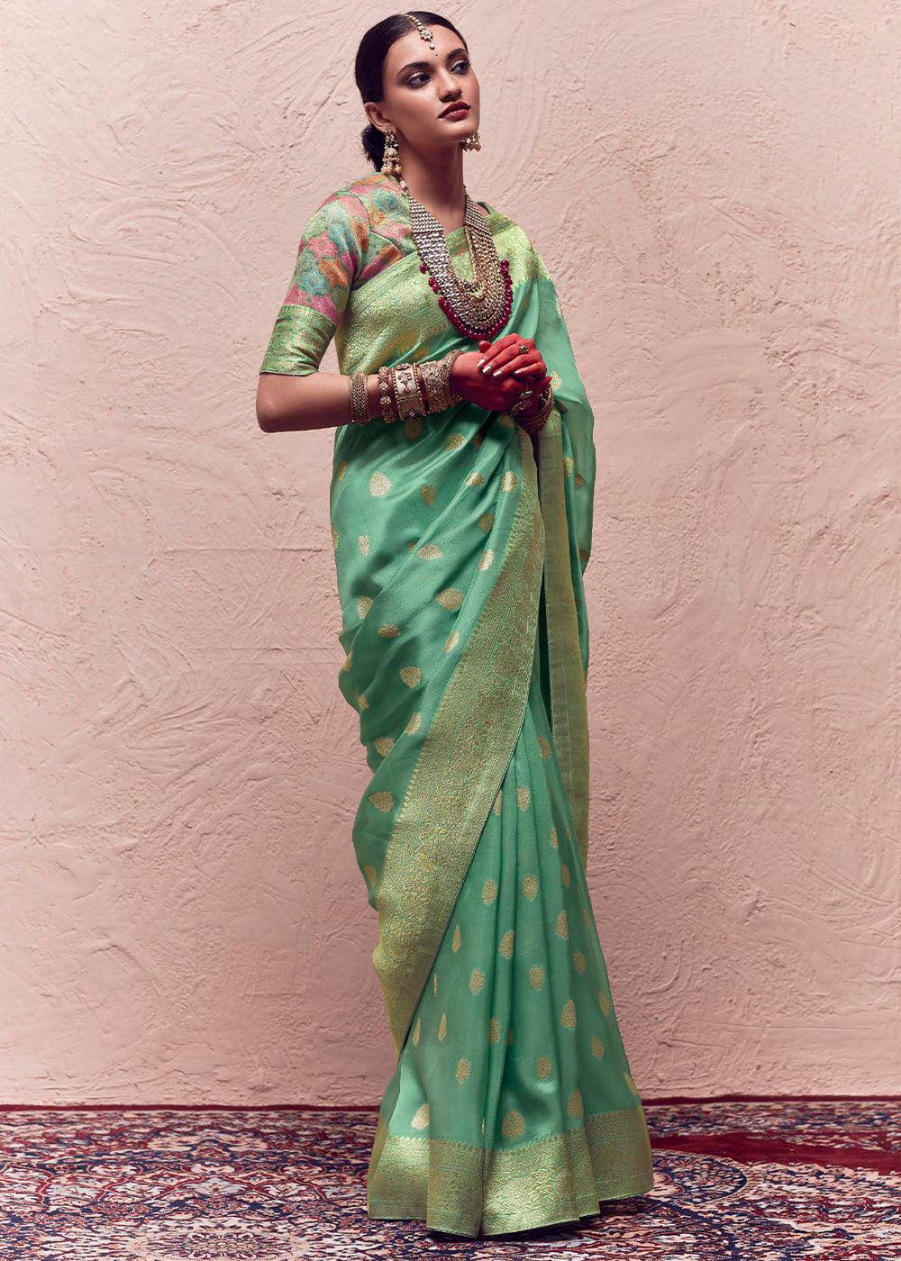 Light Green Zari Woven Dola Silk Saree With Zari Woven Blouse | Stitched Blouse - qivii