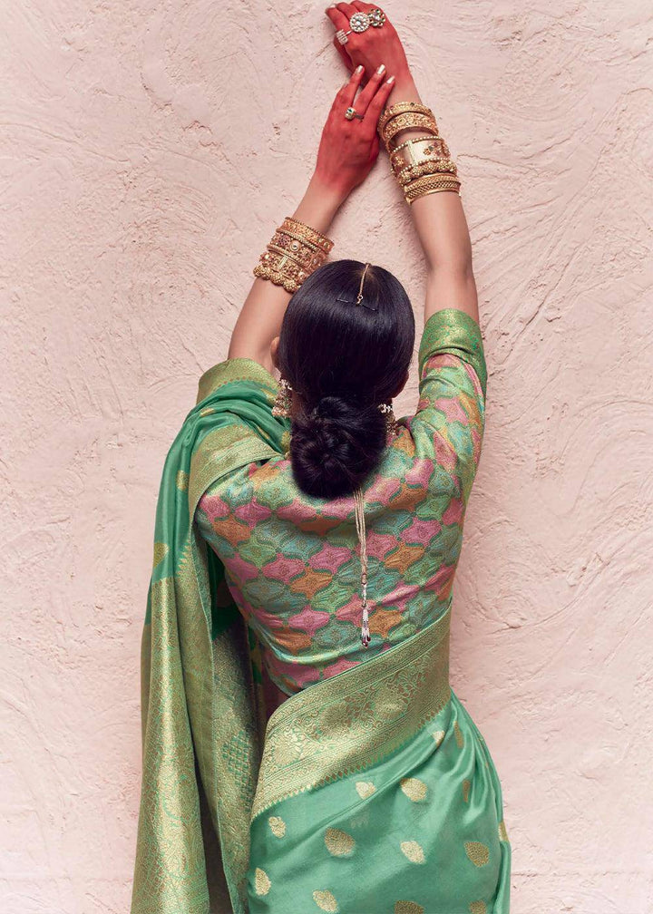 Light Green Zari Woven Dola Silk Saree With Zari Woven Blouse | Stitched Blouse - qivii