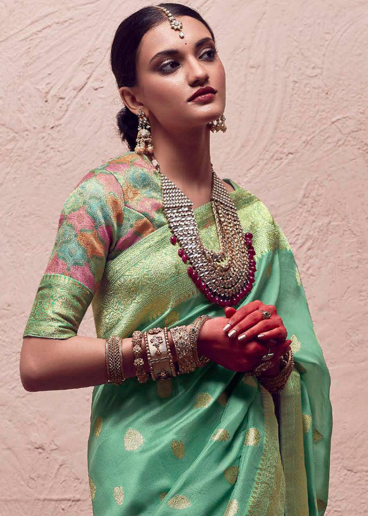 Light Green Zari Woven Dola Silk Saree With Zari Woven Blouse | Stitched Blouse - qivii