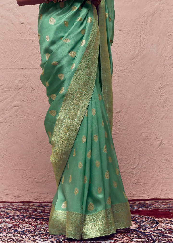 Light Green Zari Woven Dola Silk Saree With Zari Woven Blouse | Stitched Blouse - qivii