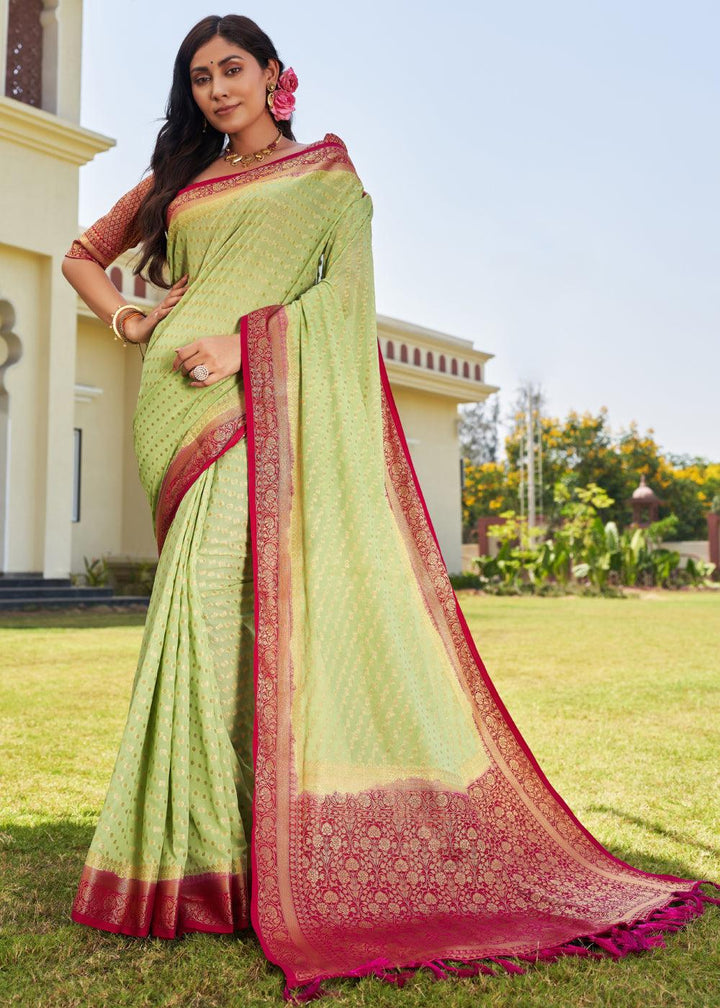 Light Green Zari Woven Georgette Saree with Contrast Blouse & Pallu - qivii