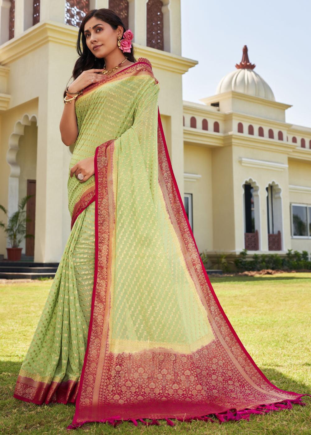 Light Green Zari Woven Georgette Saree with Contrast Blouse & Pallu - qivii