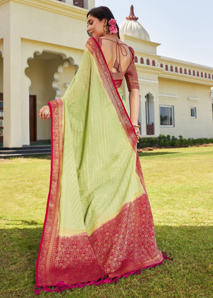 Light Green Zari Woven Georgette Saree with Contrast Blouse & Pallu - qivii