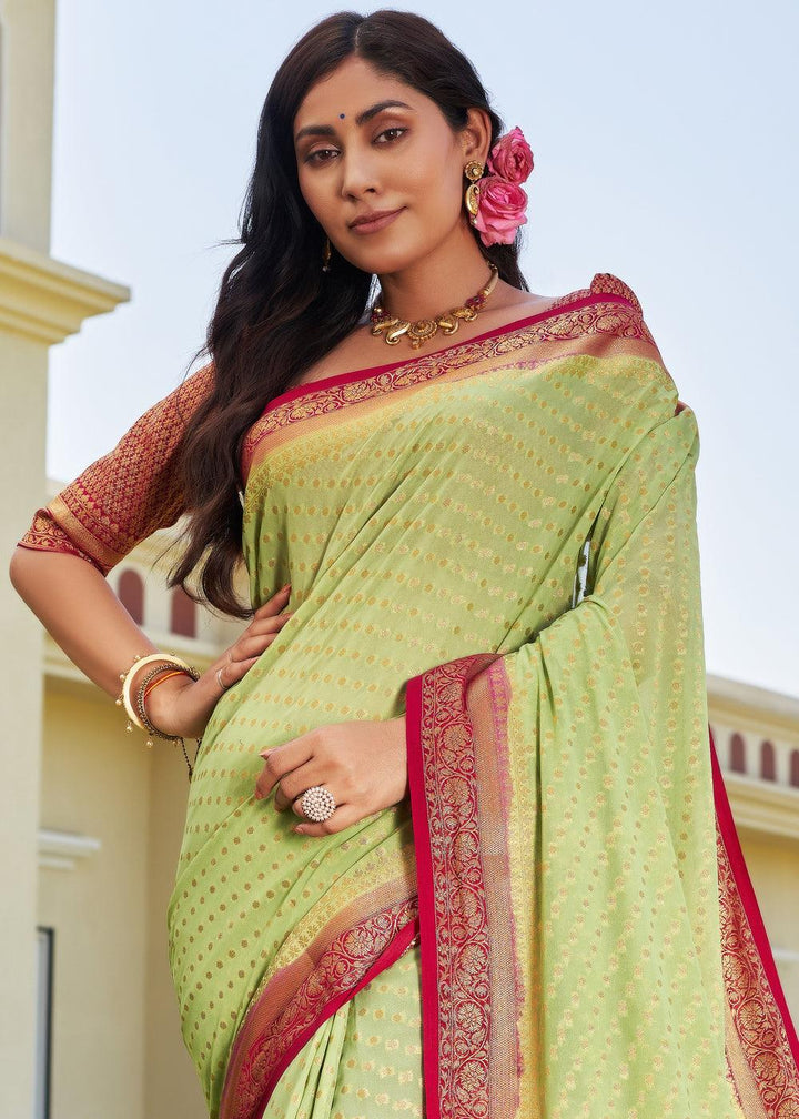 Light Green Zari Woven Georgette Saree with Contrast Blouse & Pallu - qivii