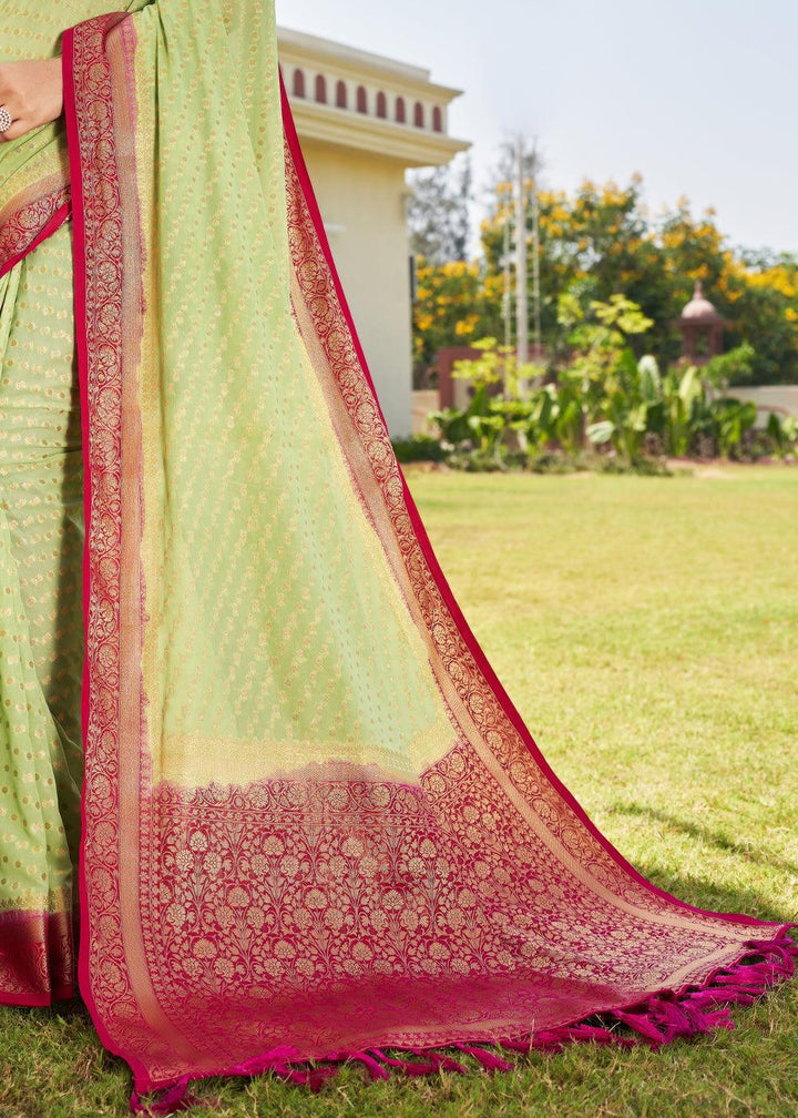 Light Green Zari Woven Georgette Saree with Contrast Blouse & Pallu - qivii