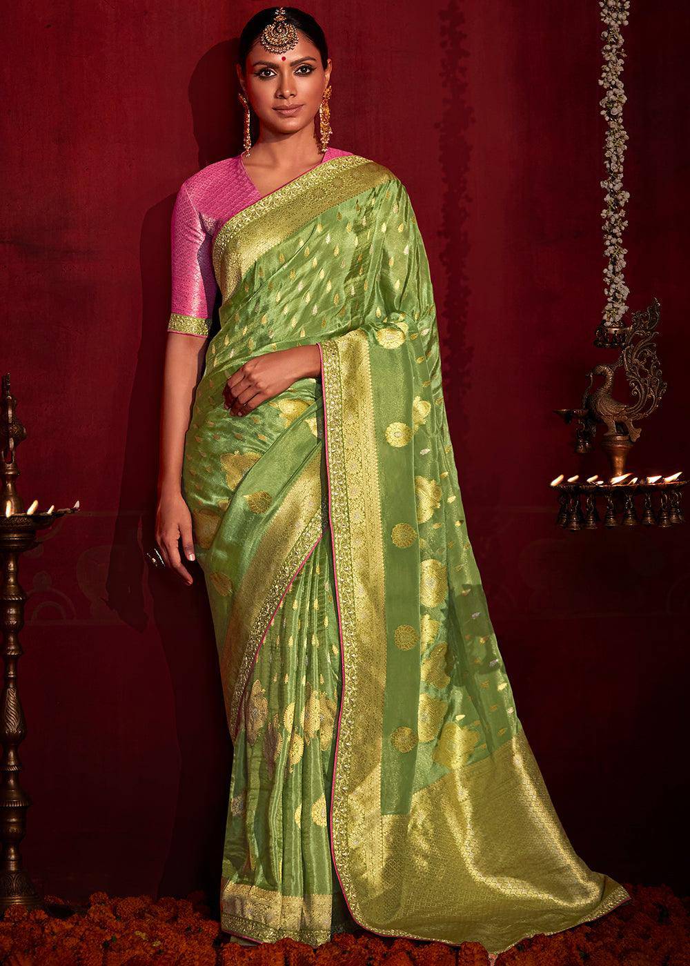 Light Green Zari Woven Khadi Silk Saree with Contrast Blouse | Stitched Blouse - qivii