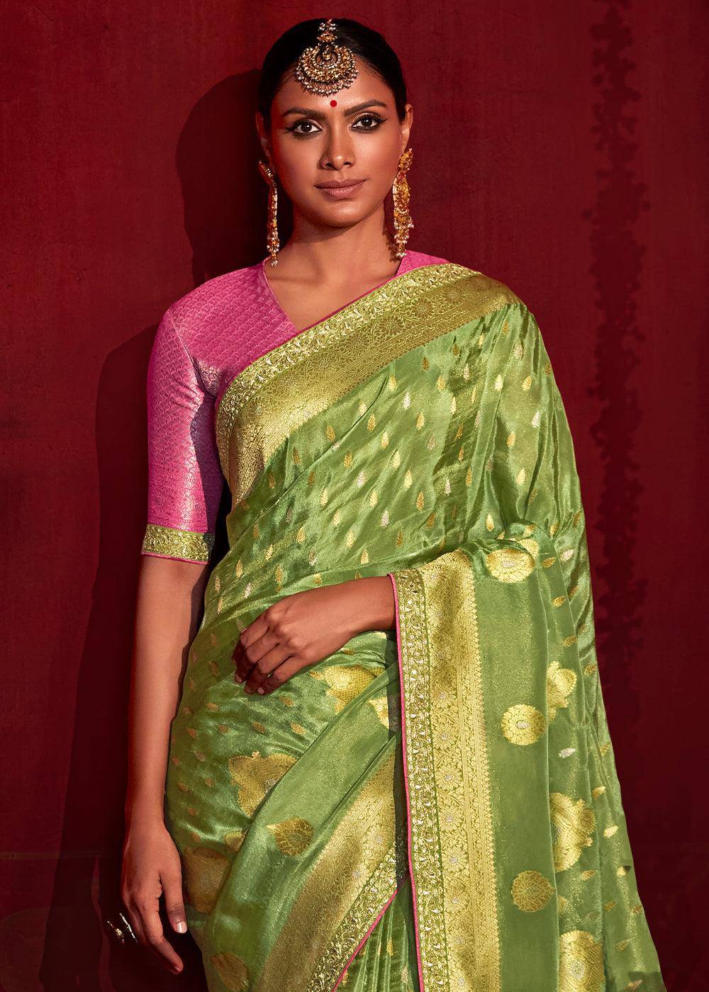 Light Green Zari Woven Khadi Silk Saree with Contrast Blouse | Stitched Blouse - qivii