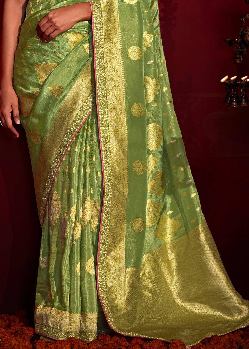 Light Green Zari Woven Khadi Silk Saree with Contrast Blouse | Stitched Blouse - qivii