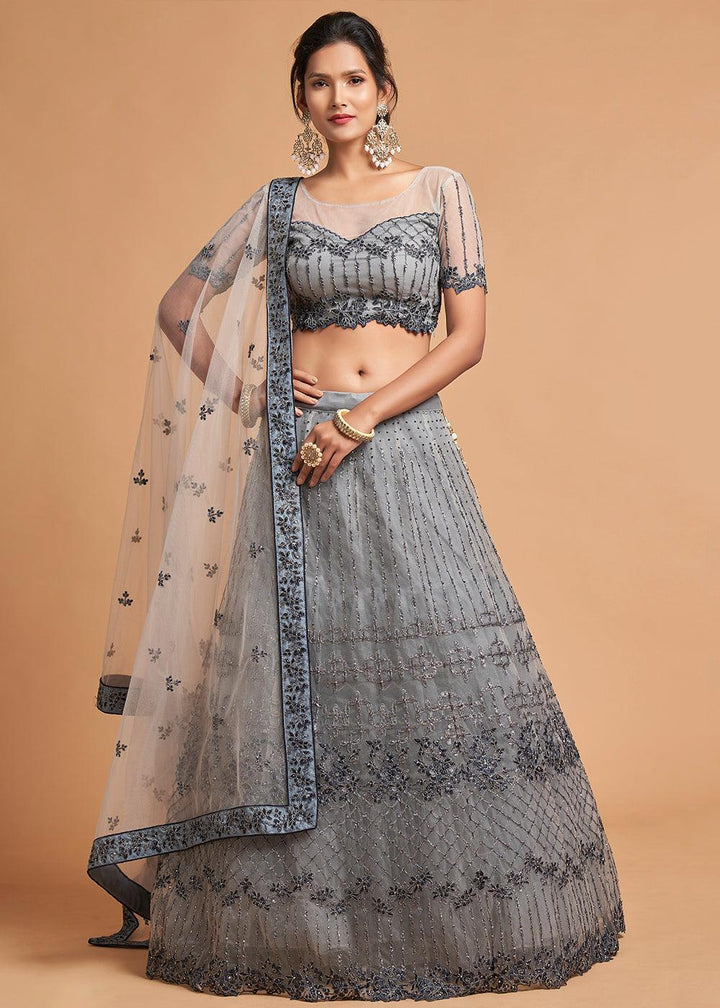 Light Grey Designer Soft Net Lehenga Choli with Zari, Dori & Thread Embroidery work - qivii