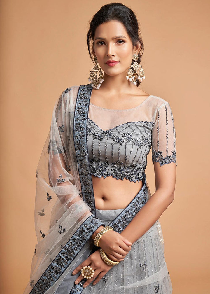 Light Grey Designer Soft Net Lehenga Choli with Zari, Dori & Thread Embroidery work - qivii