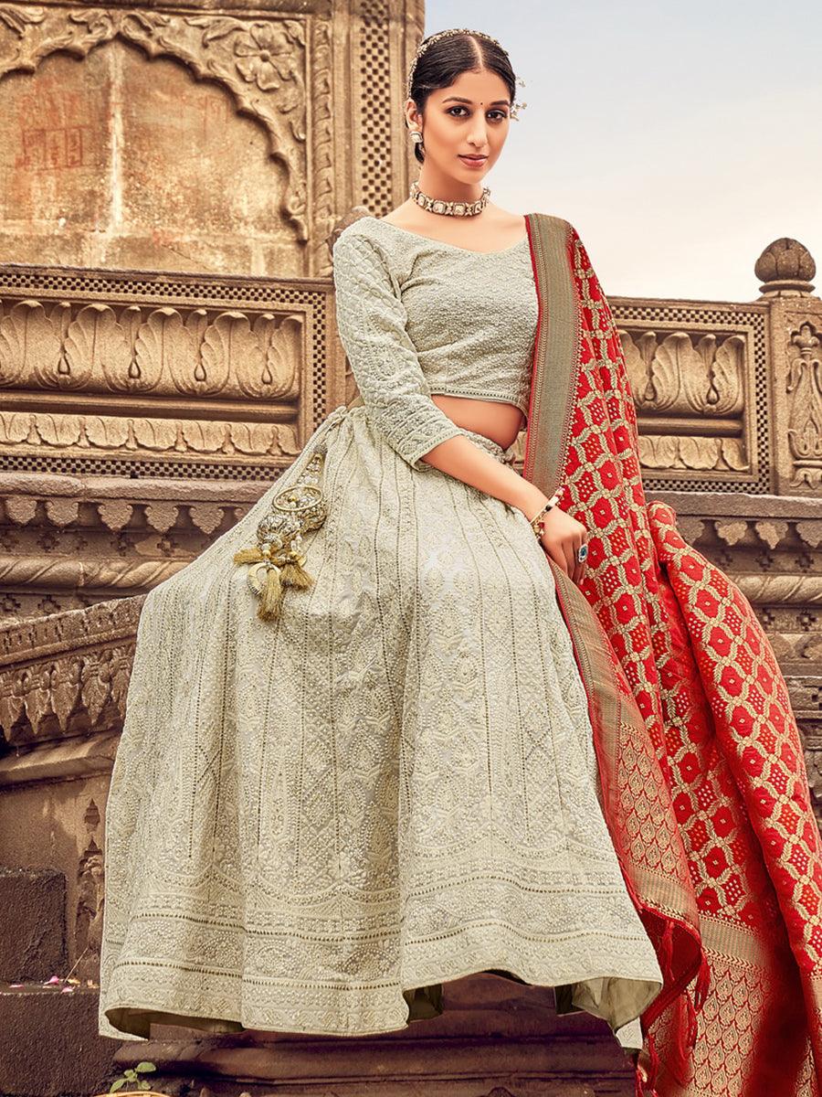 Light Grey Georgette Lehenga Choli Having Lucknowi work and Banarasi Dupatta - qivii