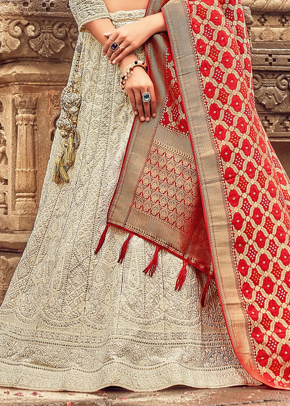 Light Grey Georgette Lehenga Choli Having Lucknowi work and Banarasi Dupatta - qivii