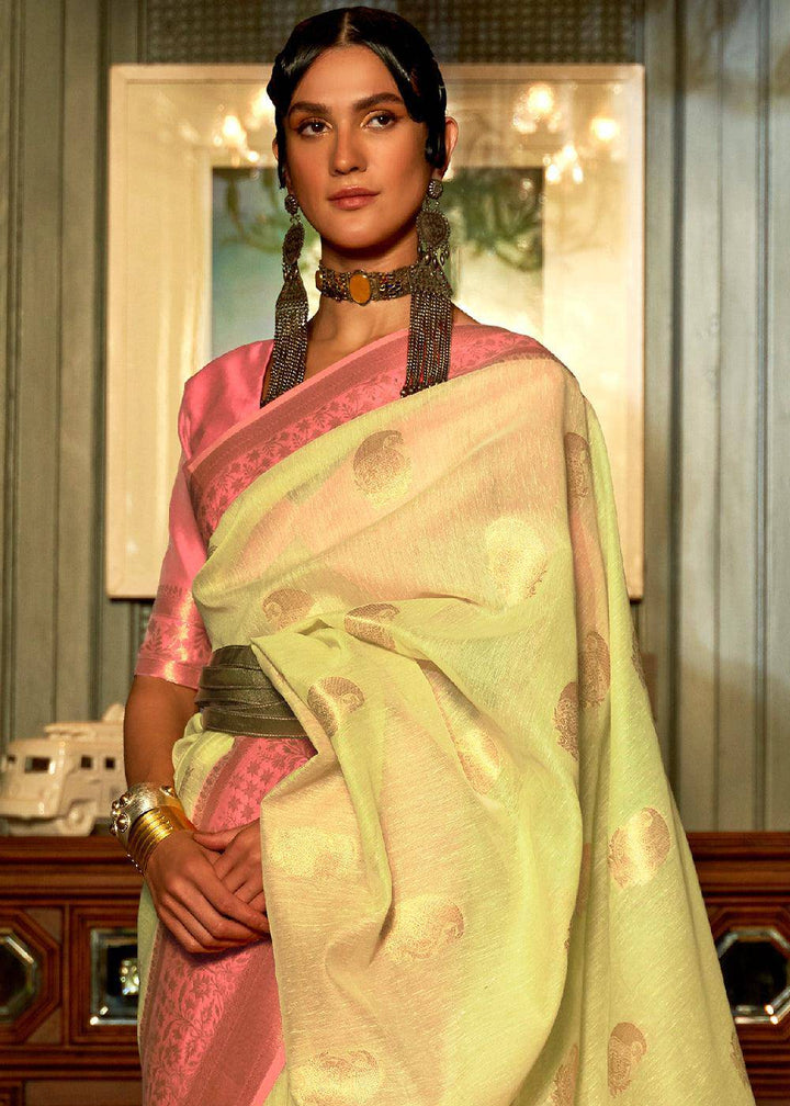 Light Lime Green Copper Zari Woven Linen Silk Saree | Stitched Blouse - qivii