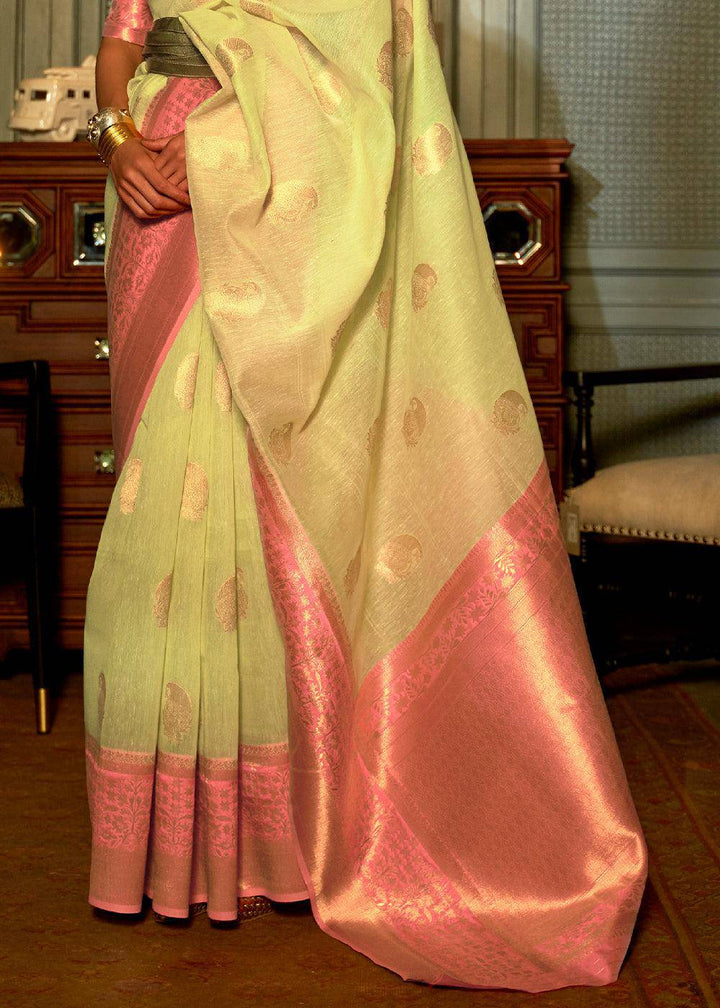 Light Lime Green Copper Zari Woven Linen Silk Saree | Stitched Blouse - qivii