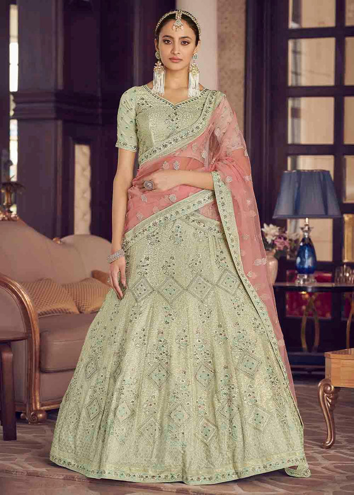 Light Moss Green Crepe Lehenga Choli with Zarkan, Thread & Sequins work - qivii