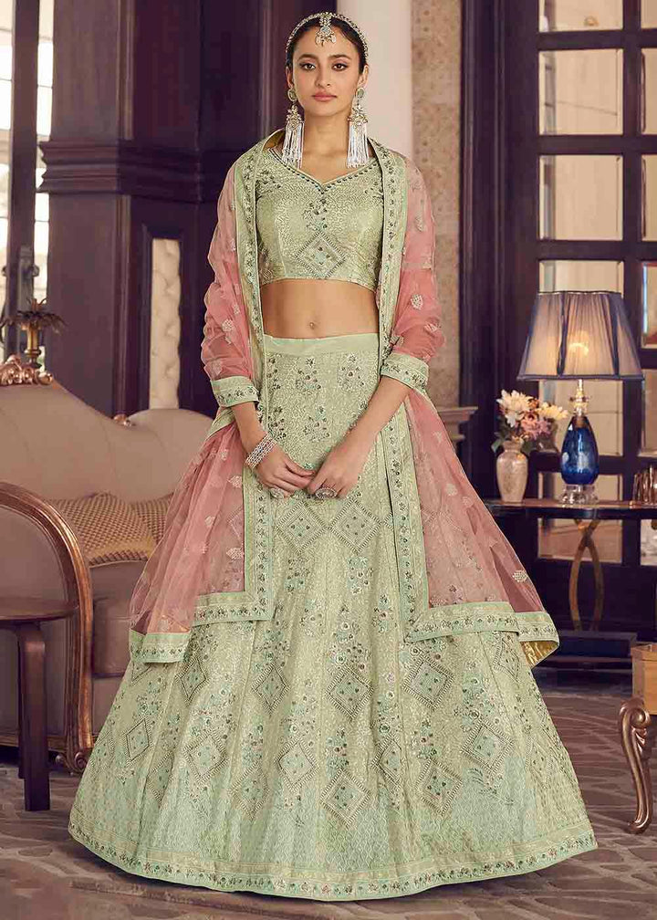 Light Moss Green Crepe Lehenga Choli with Zarkan, Thread & Sequins work - qivii