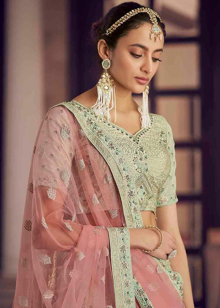 Light Moss Green Crepe Lehenga Choli with Zarkan, Thread & Sequins work - qivii