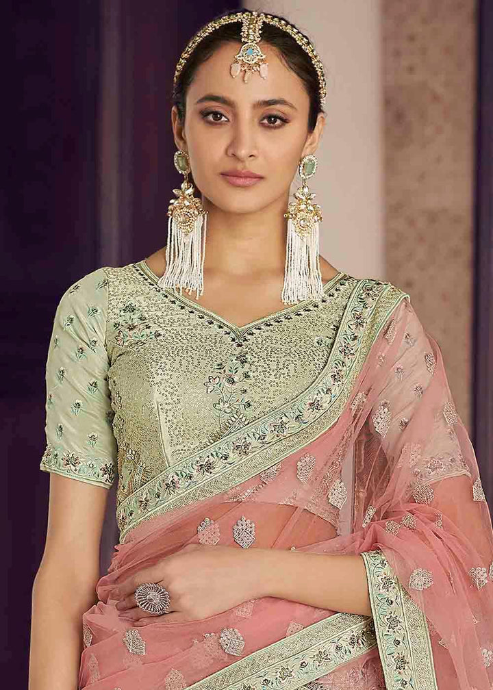 Light Moss Green Crepe Lehenga Choli with Zarkan, Thread & Sequins work - qivii