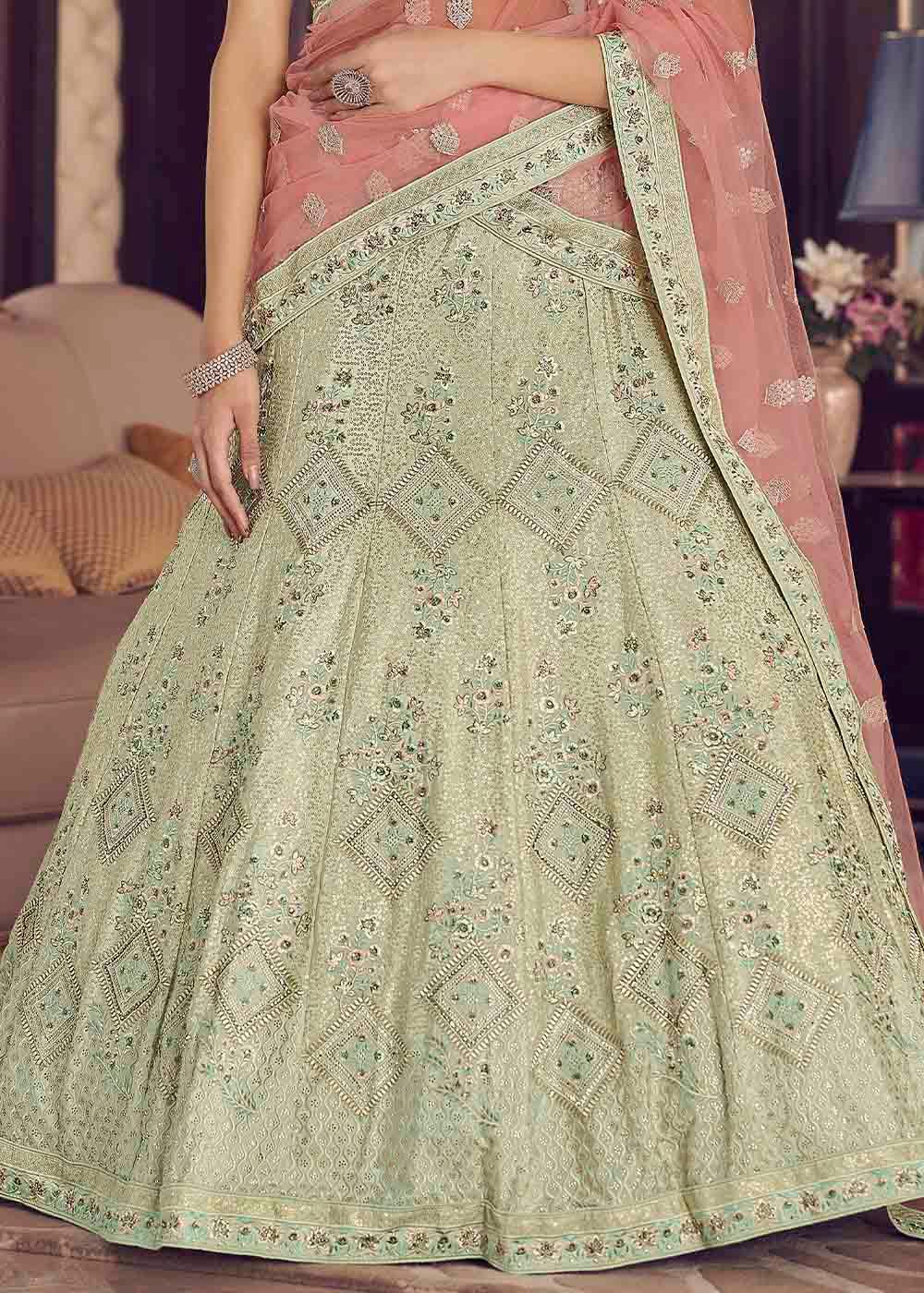 Light Moss Green Crepe Lehenga Choli with Zarkan, Thread & Sequins work - qivii