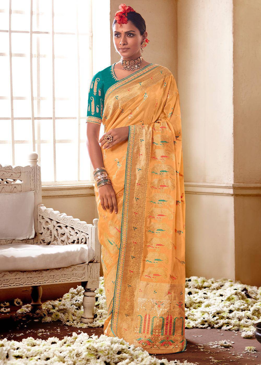 Light Orange Woven Dola Silk Saree with Contrast Embroidered Border | Stitched Blouse - qivii