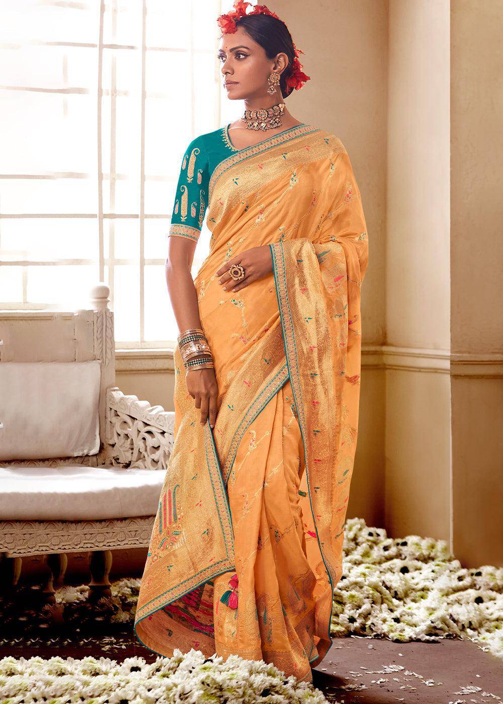 Light Orange Woven Dola Silk Saree with Contrast Embroidered Border | Stitched Blouse - qivii