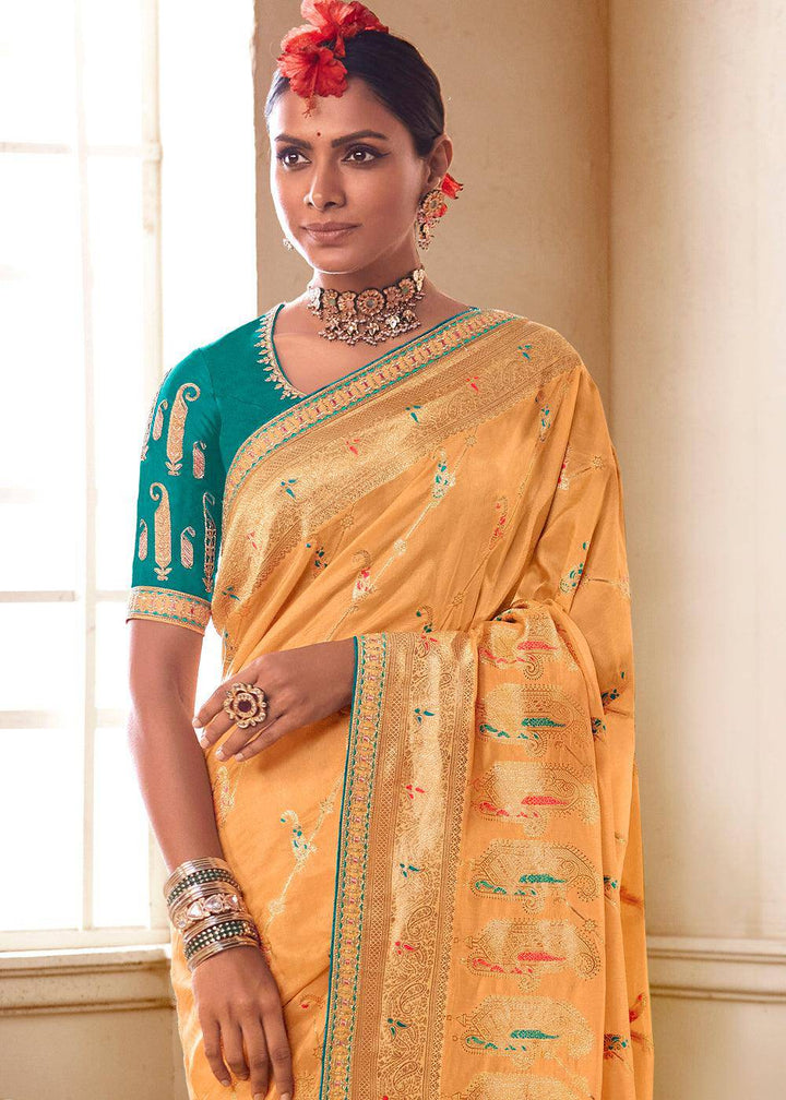 Light Orange Woven Dola Silk Saree with Contrast Embroidered Border | Stitched Blouse - qivii