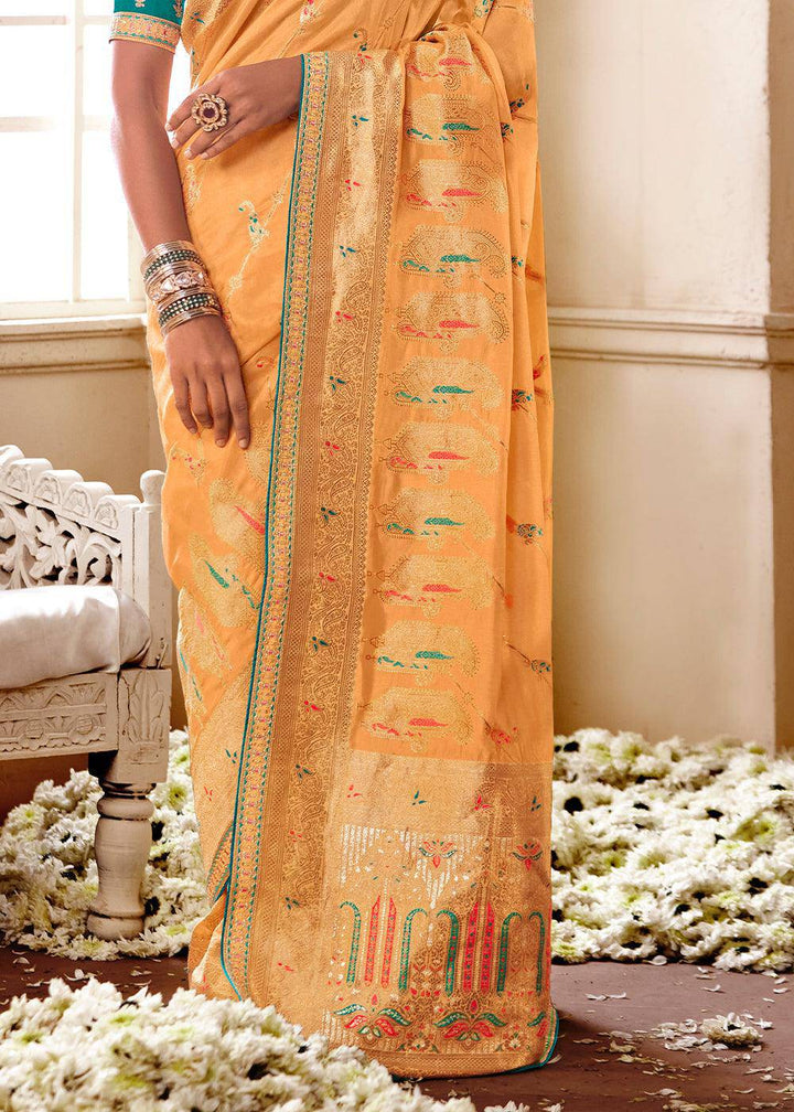 Light Orange Woven Dola Silk Saree with Contrast Embroidered Border | Stitched Blouse - qivii