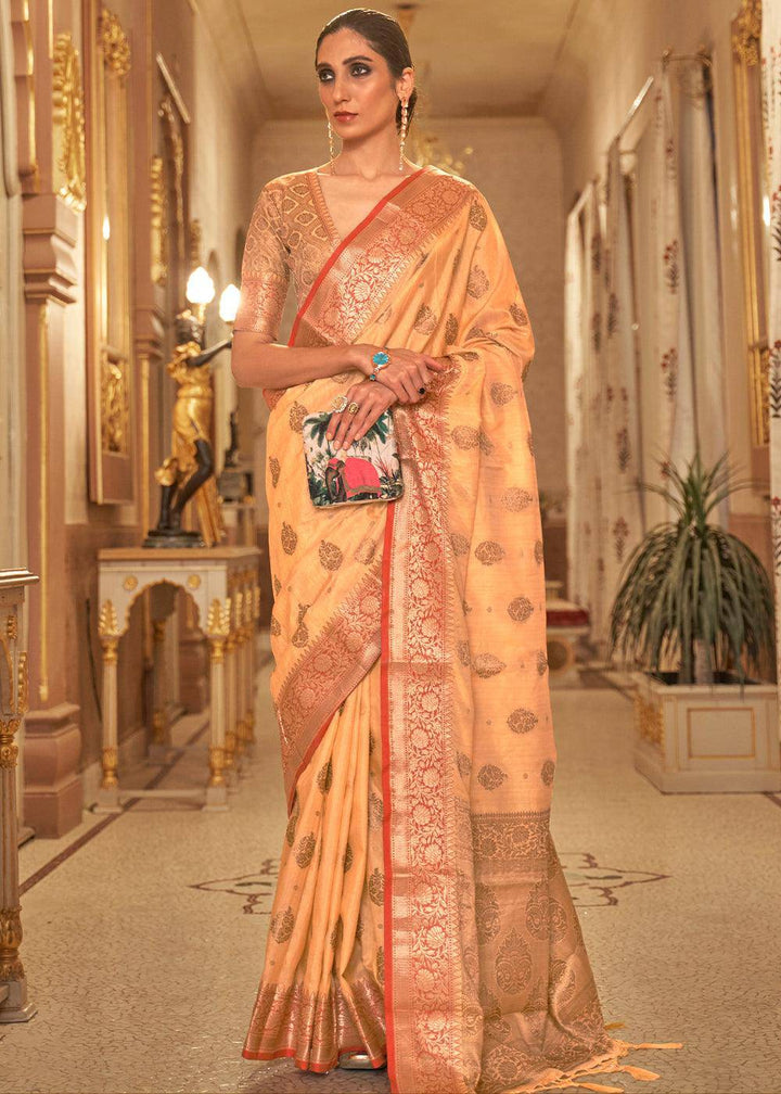 Light Orange Zari Butta Woven Tussar Silk Saree | Stitched Blouse - qivii