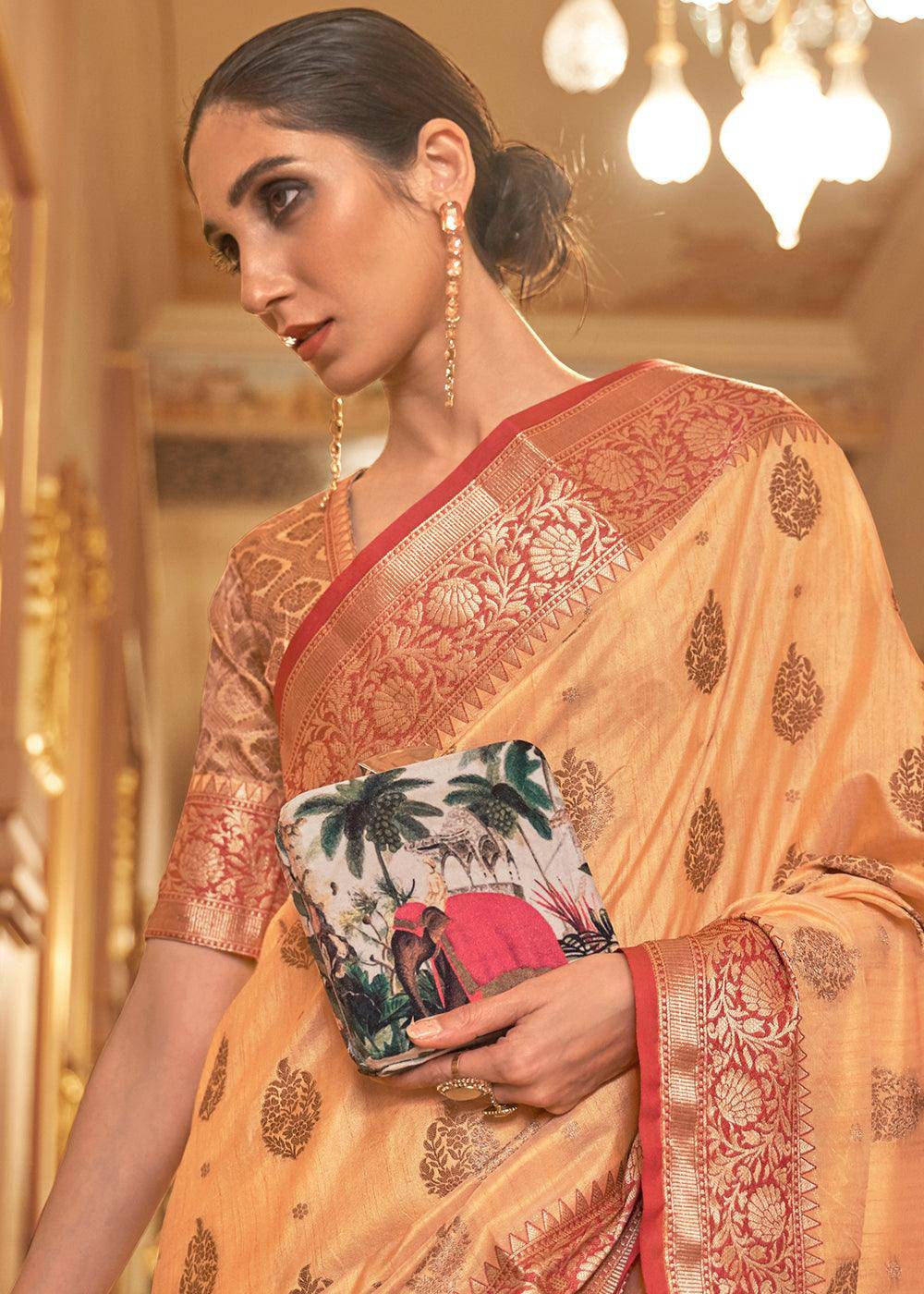 Light Orange Zari Butta Woven Tussar Silk Saree | Stitched Blouse - qivii